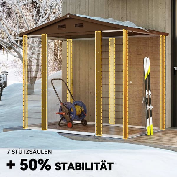 Verktøyskur i metall i trelook 3 m² 152 x 235,7 x 208,7 cm Verktøyskur med gavltakvindu Doble skyvedører Værbestandig hageskur Utendørs hageskur for b