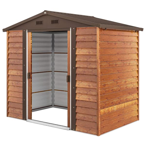 Værktøjsskur i metal i trælook 3 m² 152 x 235,7 x 208,7 cm Værktøjsskur med gavltagsvindue Dobbelt skydedøre Vejrbestandig haveskur Udendørs haveskur
