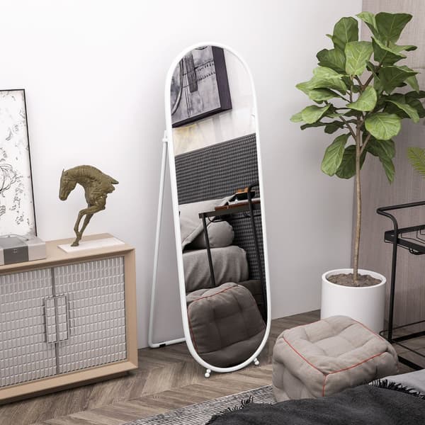 Spejl i fuld længde, 160 x 40 cm vægspejl med stativ, metalramme, ovalt stående spejl til stue, soveværelse, hvid |