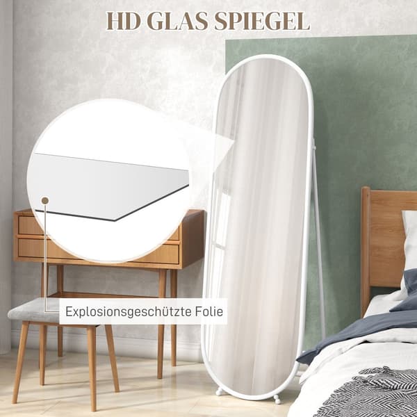 Spejl i fuld længde, 160 x 40 cm vægspejl med stativ, metalramme, ovalt stående spejl til stue, soveværelse, hvid |