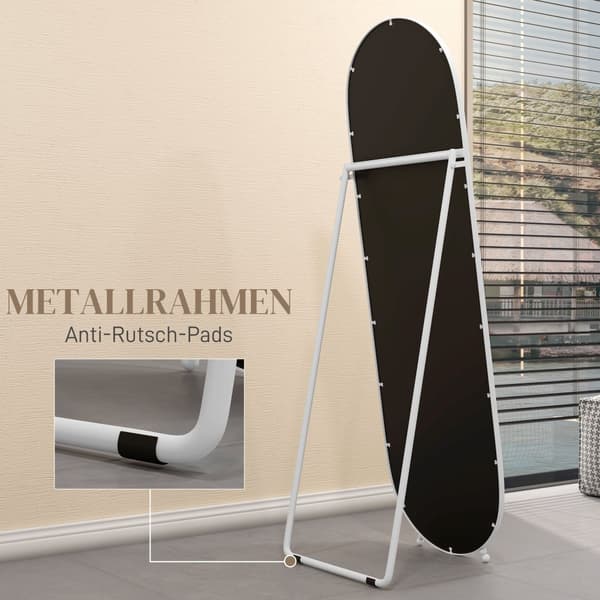 Spejl i fuld længde, 160 x 40 cm vægspejl med stativ, metalramme, ovalt stående spejl til stue, soveværelse, hvid |