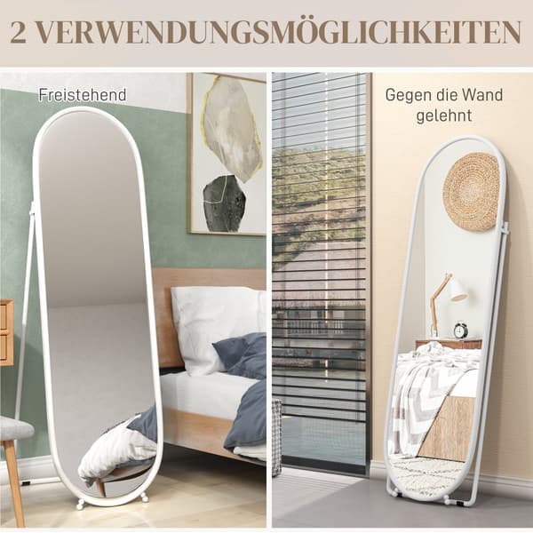 Spejl i fuld længde, 160 x 40 cm vægspejl med stativ, metalramme, ovalt stående spejl til stue, soveværelse, hvid |