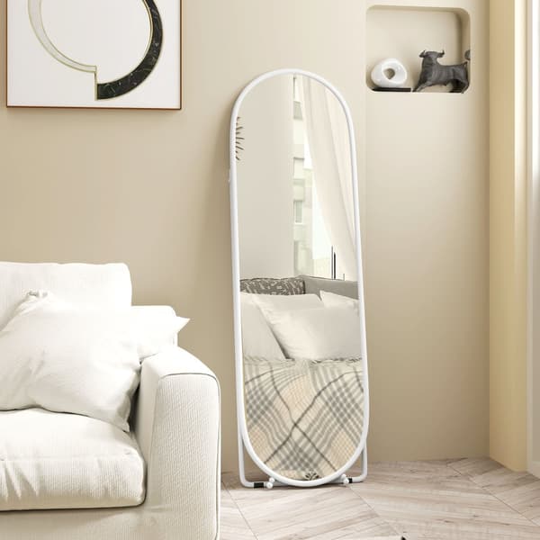 Spejl i fuld længde, 160 x 40 cm vægspejl med stativ, metalramme, ovalt stående spejl til stue, soveværelse, hvid |