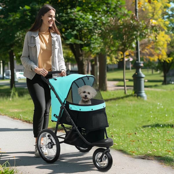 Hundeklapvogn jogger hundevogn foldbar til små hunde & katte op til 10 kg kattevogn med 3 store gummihjul, pude mesh vinduer opbevaringskurv kattevogn