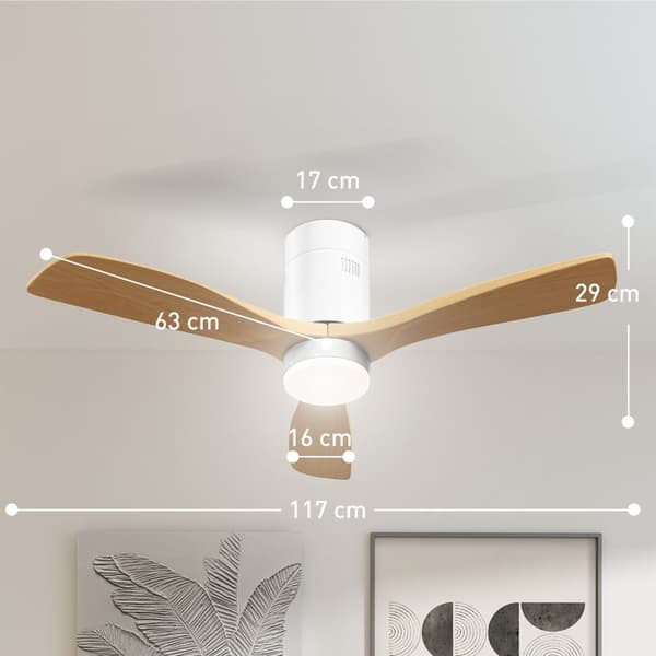 Loftsventilator med belysning og fjernbetjening 117 cm LED-lampe med blæser, 3 blade, vendbar DC-motor, 3 lysfarver, 6 hastigheder, timer til sovevære