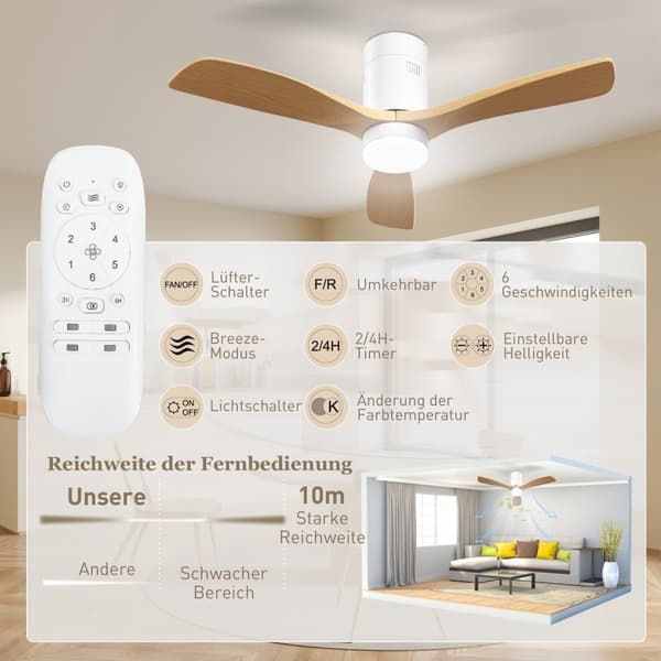 Loftsventilator med belysning og fjernbetjening 117 cm LED-lampe med blæser, 3 blade, vendbar DC-motor, 3 lysfarver, 6 hastigheder, timer til sovevære