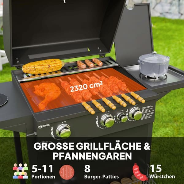 Kaasugrilli 9,5 KW grillkärry sisältää 4 poltinta sivulieden rullan paineenalentimen kaasuletkun kansi 2 lämmitysaluetta lämpömittari sivuhyllyt, BBQ
