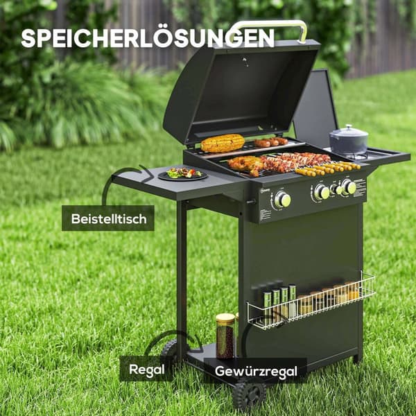 Kaasugrilli 9,5 KW grillkärry sisältää 4 poltinta sivulieden rullan paineenalentimen kaasuletkun kansi 2 lämmitysaluetta lämpömittari sivuhyllyt, BBQ