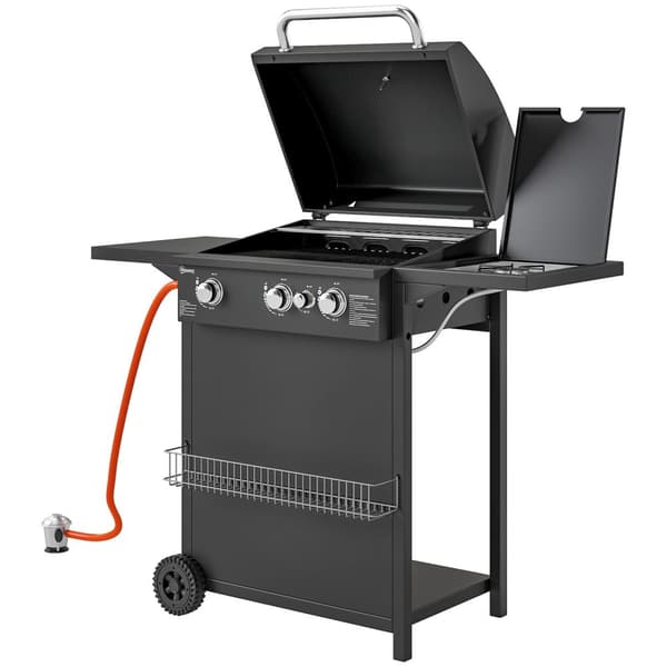 Kaasugrilli 9,5 KW grillkärry sisältää 4 poltinta sivulieden rullan paineenalentimen kaasuletkun kansi 2 lämmitysaluetta lämpömittari sivuhyllyt, BBQ