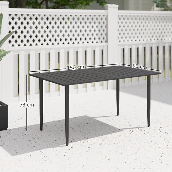 Hagebord 150x90cm, værbestandig balkongbord laget av stål, balkongbord med paraplyhull, lamelldesign, utendørs campingbord, sidebord, rektangulært ter