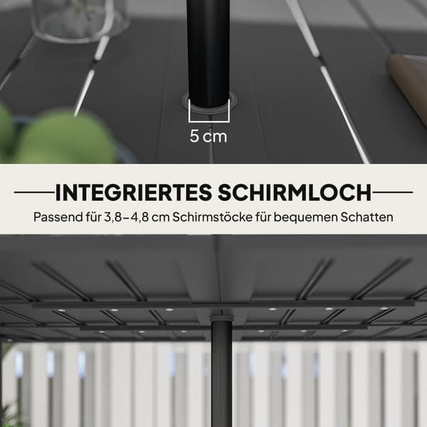 Hagebord 150x90cm, værbestandig balkongbord laget av stål, balkongbord med paraplyhull, lamelldesign, utendørs campingbord, sidebord, rektangulært ter