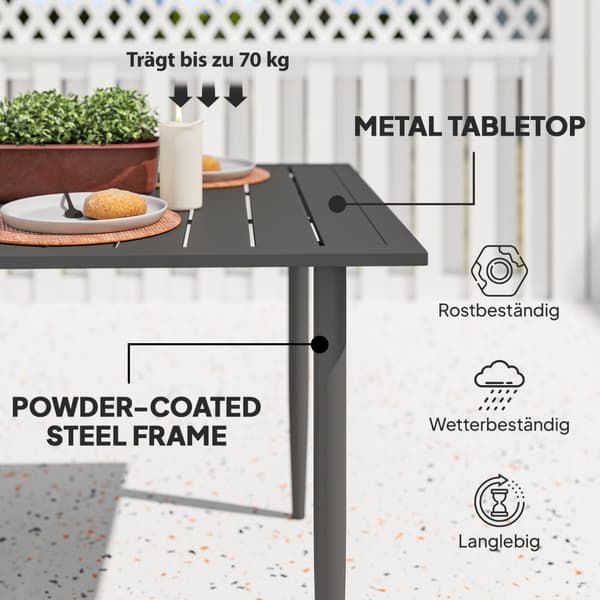 Hagebord 150x90cm, værbestandig balkongbord laget av stål, balkongbord med paraplyhull, lamelldesign, utendørs campingbord, sidebord, rektangulært ter