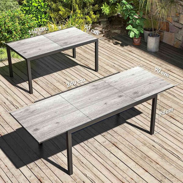 Puutarhapöytä jatkettava ruokapöytä 6-8 hengelle, 160/240 x 90cm alumiininen parvekepöytä puisella ilmeellä, säänkestävä patiopöytä, ulkobuffet puutar