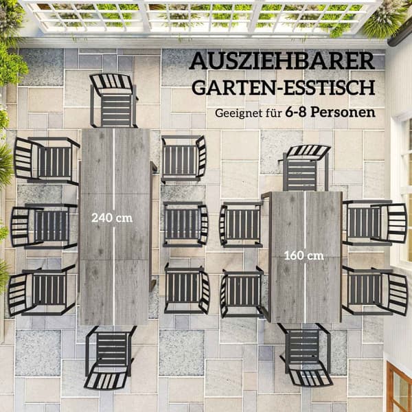 Puutarhapöytä jatkettava ruokapöytä 6-8 hengelle, 160/240 x 90cm alumiininen parvekepöytä puisella ilmeellä, säänkestävä patiopöytä, ulkobuffet puutar
