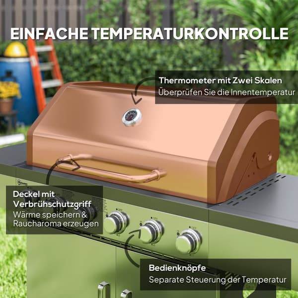 Gasgrill 8500BTU grillvagn inklusive 6 rostfria brännare rulltermometer tryckreducerare gasslang lock sidohyllor, BBQ trädgårdsgrill för balkong, camp