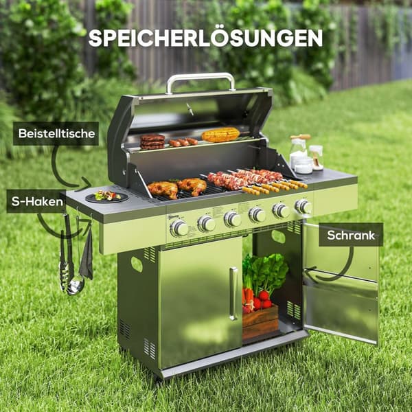 Gasgrill 8500BTU grillvagn inklusive 6 rostfria brännare rulltermometer tryckreducerare gasslang lock sidohyllor, BBQ trädgårdsgrill för balkong, camp