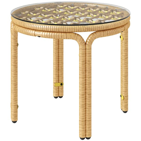 Sidebord af polyrattan, rundt sofabord med glasbordplade, natbord, havebord, havemøbler, sofabord, sofabord til stue, have, terrasse, balkon, Ø50 cm,