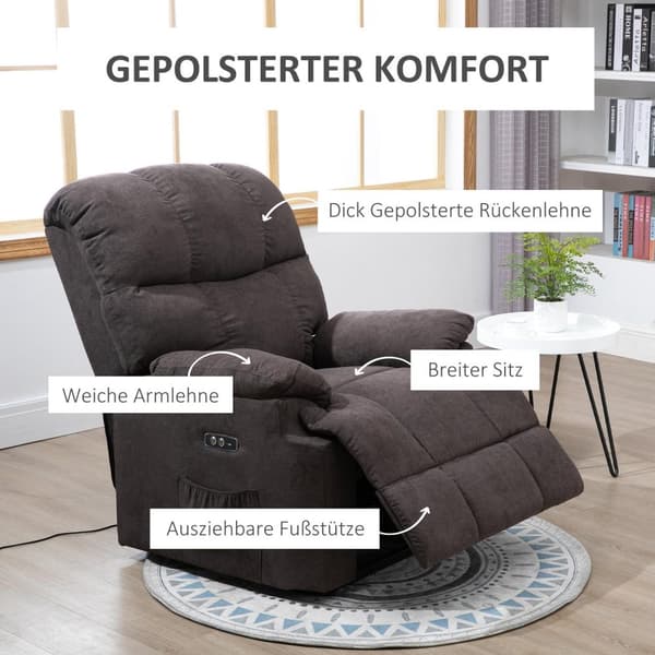 Elektrisk TV-stol, avslapningsstol med ståhjelp, liggefunksjon, USB-port, polstret TV-stol med fotstøtte, sidelomme, mørkegrå