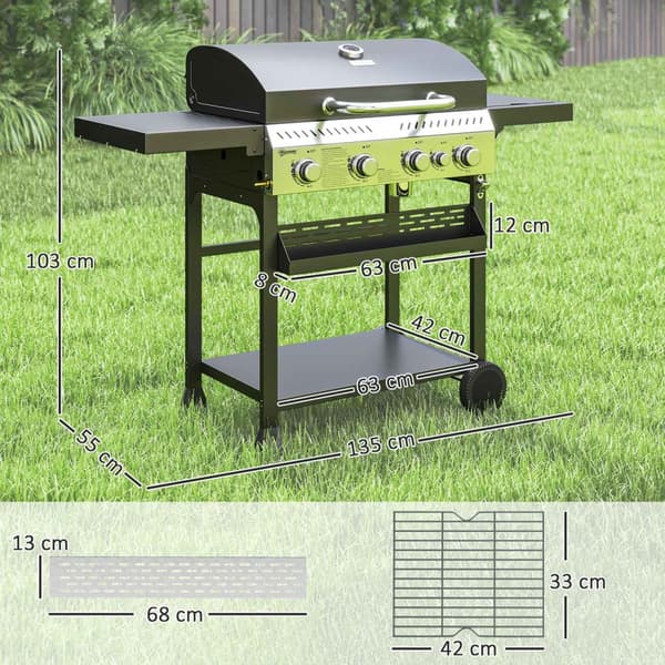 Gasgrill 12 KW 4+1 brænder BBQ grillvogn lavet af rustfrit stål inklusive sidebrænder termometer grillrist kogeplade flaskeåbner sidehylder gasgrill t
