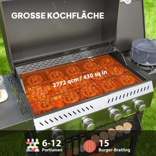 Gasgrill 12 KW 4+1 brænder BBQ grillvogn lavet af rustfrit stål inklusive sidebrænder termometer grillrist kogeplade flaskeåbner sidehylder gasgrill t