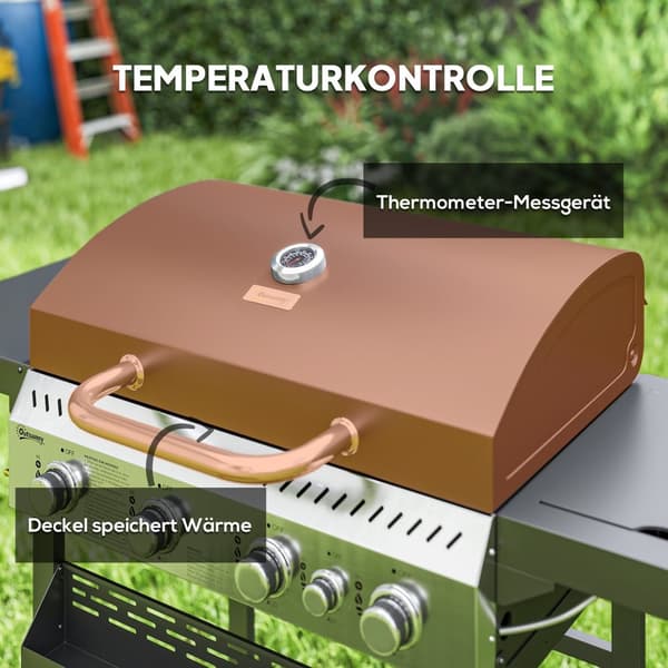 Gasgrill 12 KW 4+1 brænder BBQ grillvogn lavet af rustfrit stål inklusive sidebrænder termometer grillrist kogeplade flaskeåbner sidehylder gasgrill t