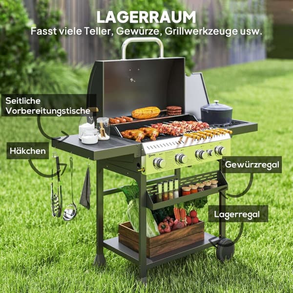 Gasgrill 12 KW 4+1 brænder BBQ grillvogn lavet af rustfrit stål inklusive sidebrænder termometer grillrist kogeplade flaskeåbner sidehylder gasgrill t