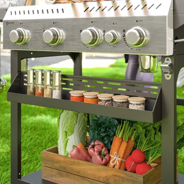 Gasgrill 12 KW 4+1 brænder BBQ grillvogn lavet af rustfrit stål inklusive sidebrænder termometer grillrist kogeplade flaskeåbner sidehylder gasgrill t