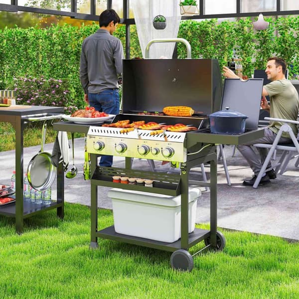 Gasgrill 12 KW 4+1 brænder BBQ grillvogn lavet af rustfrit stål inklusive sidebrænder termometer grillrist kogeplade flaskeåbner sidehylder gasgrill t