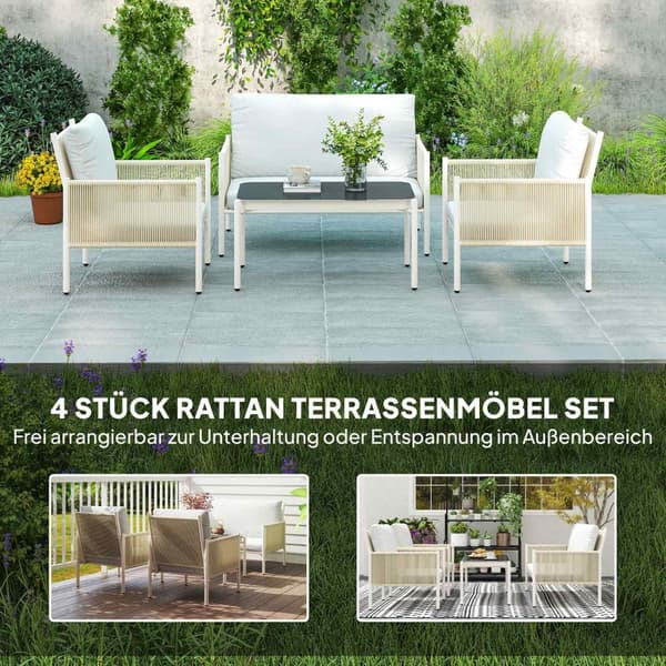 Hagemøbelsett laget av polyrattan salongsett med 2 sofastoler glassbordputer værbestandig sittegruppe for 4 personer utebalkongmøbelsett terrassemøble