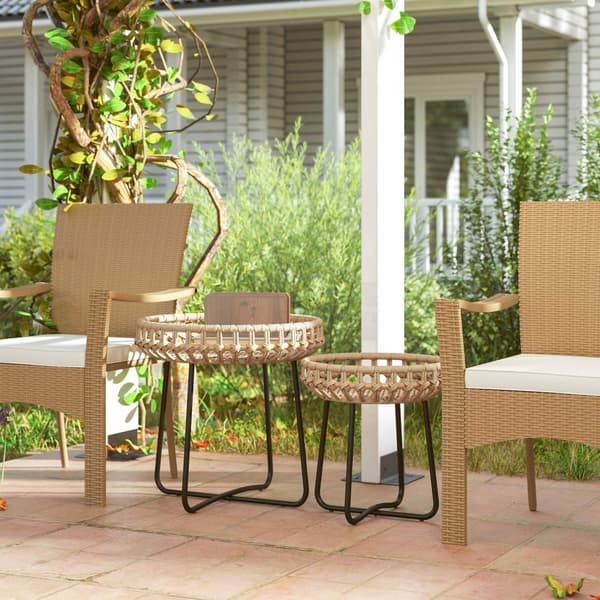 Sæt med 2 sideborde polyrattan Ø60/41 cm rundt vejrbestandigt havebord med X-ben justerbare trædepuder udendørs altanbord sofabord havemøbler til have