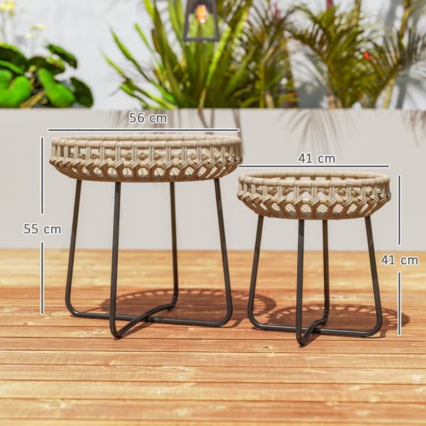 Sæt med 2 sideborde polyrattan Ø60/41 cm rundt vejrbestandigt havebord med X-ben justerbare trædepuder udendørs altanbord sofabord havemøbler til have