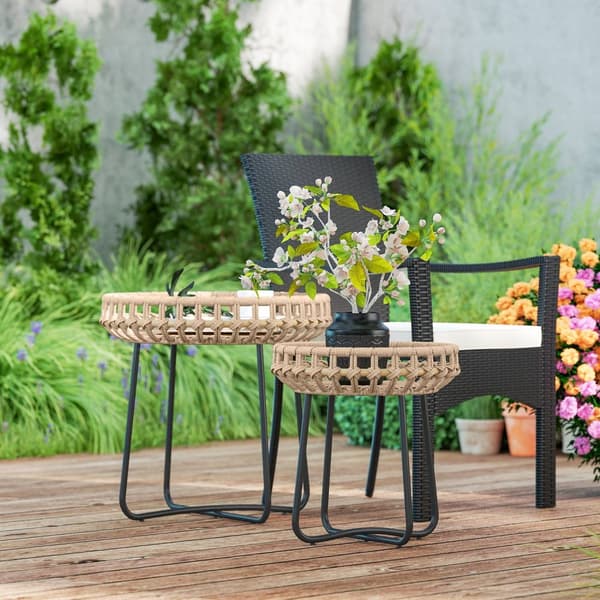 Sæt med 2 sideborde polyrattan Ø60/41 cm rundt vejrbestandigt havebord med X-ben justerbare trædepuder udendørs altanbord sofabord havemøbler til have