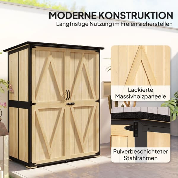 Haveskab, redskabsskur i træ, vejrbestandigt redskabsskab med 2 låger, hylder, redskabshus med asfalttag, redskabsskab til haven, terrasse, 140 x 74 x