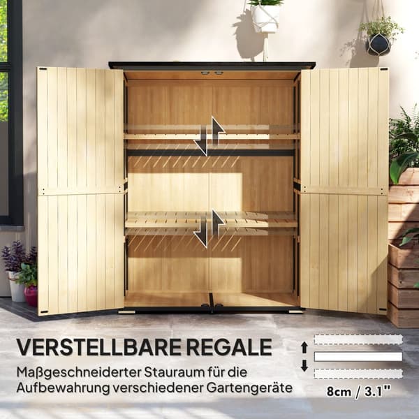 Haveskab, redskabsskur i træ, vejrbestandigt redskabsskab med 2 låger, hylder, redskabshus med asfalttag, redskabsskab til haven, terrasse, 140 x 74 x
