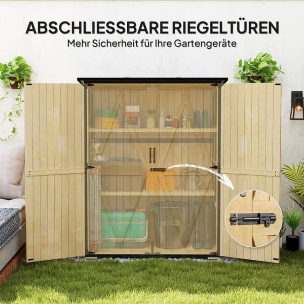 Haveskab, redskabsskur i træ, vejrbestandigt redskabsskab med 2 låger, hylder, redskabshus med asfalttag, redskabsskab til haven, terrasse, 140 x 74 x