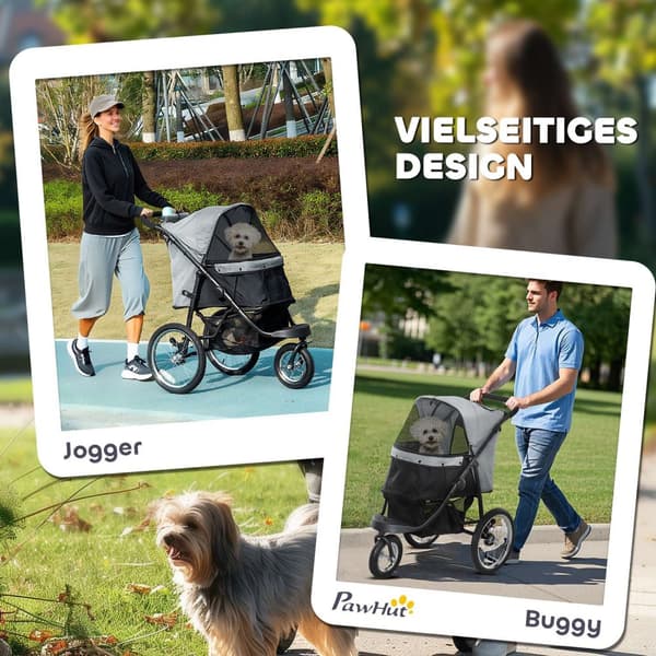 Hundevogn jogger hundevogn sammenleggbar for små hunder og katter opptil 10 kg kattevogn med 3 store gummihjul, putenettingsvinduer oppbevaringskurv k