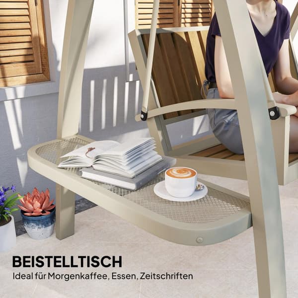 Hollywood swing 2-personers havegynge med justerbar solsejl, sidebord, gyngebænk, bæreevne op til 240 kg, til have, terrasse, 200 x 120 x 190 cm, beig