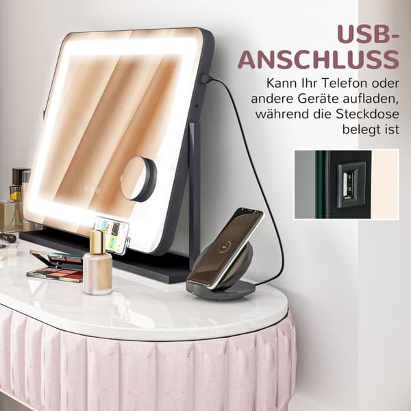 Sminkspegel med belysning, LED sminkspegel med 3 ljusfärger, bordsspegel med 10X förstoring, mobiltelefonhållare, USB-laddningsport, 360° vridbar, sva