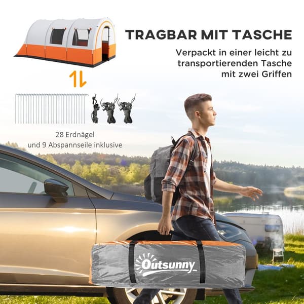 Tunneltelt, campingtelt for 6 personer, med 2 rom, lyskrok, gruppetelt med bæreveske, 3000mm vannavstøtende familietelt, til hage, campingplass, kremh