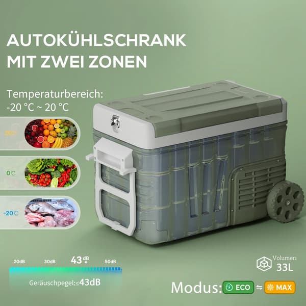 33 liter kompressor køleboks el køleboks med LED rulle kølefunktion stille fryseboks termoboks minikøleskab 12/230 volt til bilstikkontakt lastbil cam