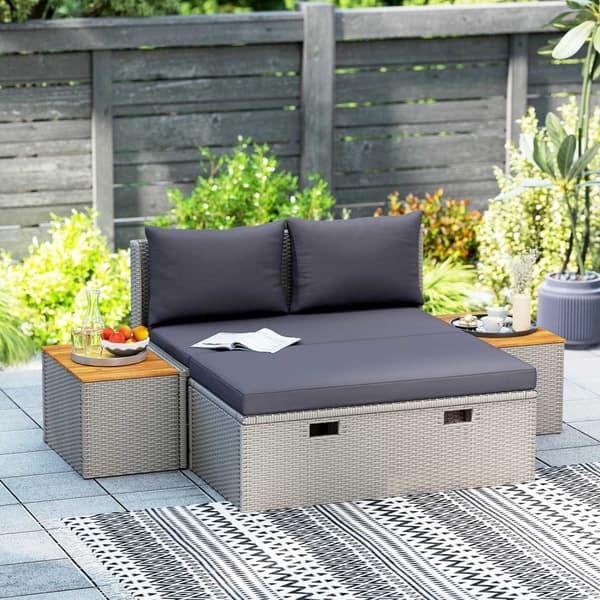 Solseng i polyrattan for 2 personer, dobbel solseng med fotskammel, oppbevaringsplass, paraplyhull, værbestandig hageseng, 320 kg, bærende hagemøbler,