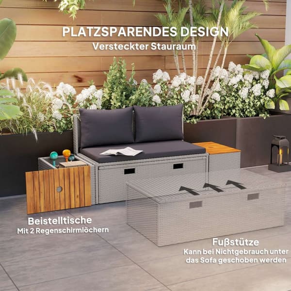 Solseng i polyrattan for 2 personer, dobbel solseng med fotskammel, oppbevaringsplass, paraplyhull, værbestandig hageseng, 320 kg, bærende hagemøbler,
