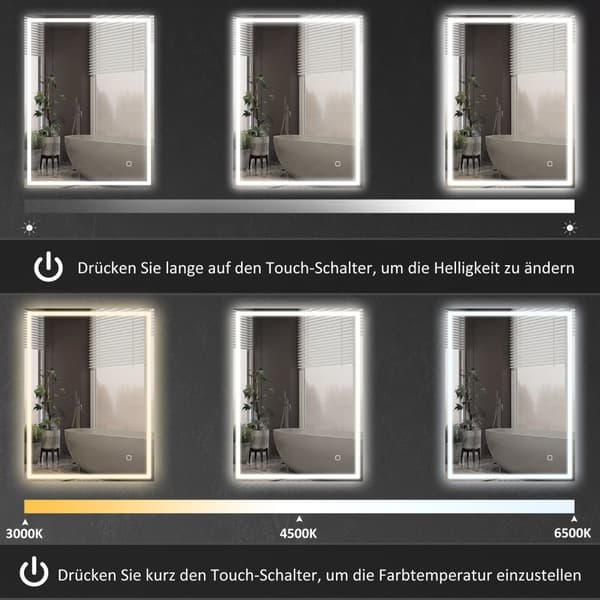 Baderomsspeil med belysning 90x70 cm LED speil veggspeil med minnefunksjon 3 lysfarger Tåkefritt lysspeil med berøringsbryter sølv |