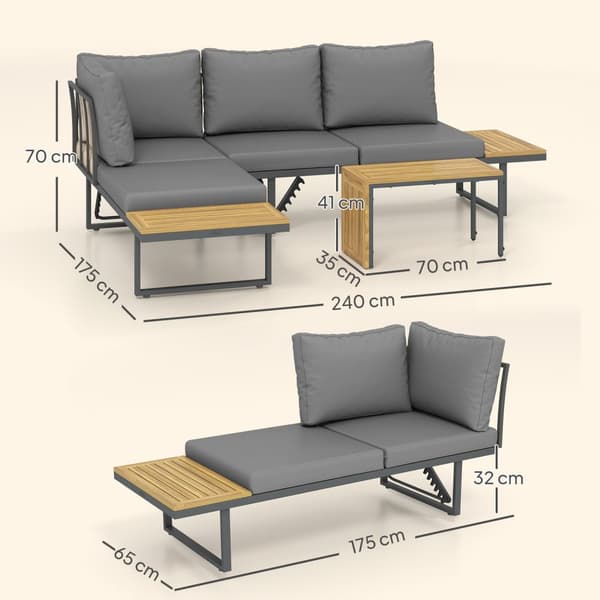 Hagemøbelsett i akasietre for 6 personer, L-formet hagesalong med hjørnebenk, justerbar rygg, sidebord, pute, balkongmøbelsett, uteservering for hage,