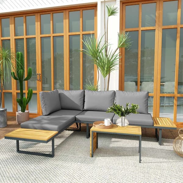Hagemøbelsett i akasietre for 6 personer, L-formet hagesalong med hjørnebenk, justerbar rygg, sidebord, pute, balkongmøbelsett, uteservering for hage,
