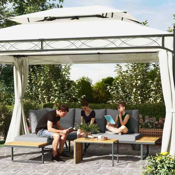 Hagemøbelsett i akasietre for 6 personer, L-formet hagesalong med hjørnebenk, justerbar rygg, sidebord, pute, balkongmøbelsett, uteservering for hage,