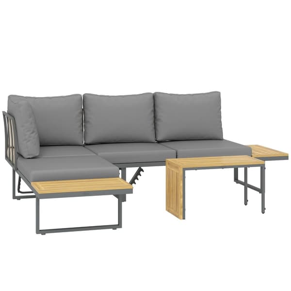 Hagemøbelsett i akasietre for 6 personer, L-formet hagesalong med hjørnebenk, justerbar rygg, sidebord, pute, balkongmøbelsett, uteservering for hage,