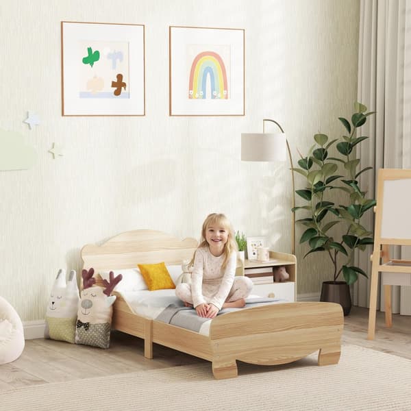 Barneseng 143,5 x 80 cm, husseng i heltre, ungdomsseng med fallsikring, lekeseng kan holde opptil 80 kg, enkeltseng med bjørnedesign til barnerom, nat