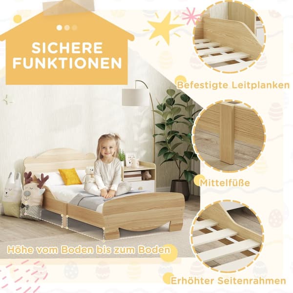 Barneseng 143,5 x 80 cm, husseng i heltre, ungdomsseng med fallsikring, lekeseng kan holde opptil 80 kg, enkeltseng med bjørnedesign til barnerom, nat