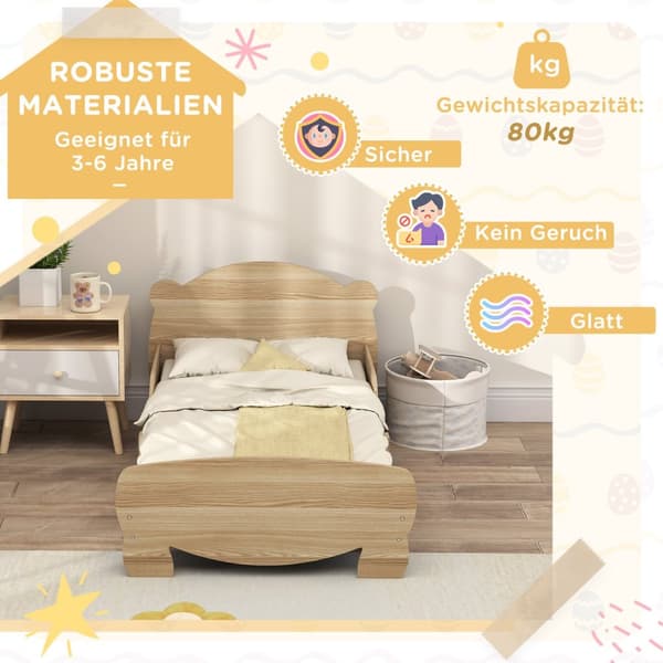 Barneseng 143,5 x 80 cm, husseng i heltre, ungdomsseng med fallsikring, lekeseng kan holde opptil 80 kg, enkeltseng med bjørnedesign til barnerom, nat